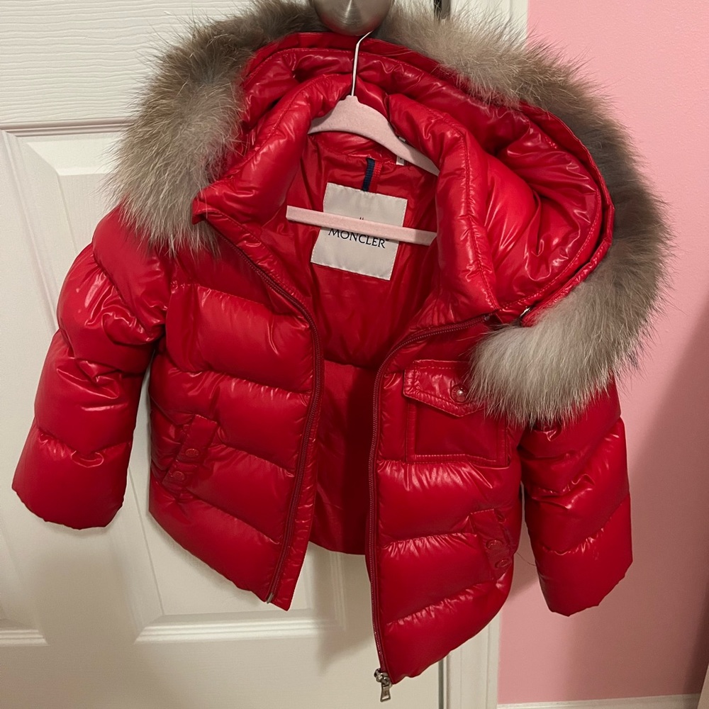 Red moncler puffer with detachable fur hood toddler size 3Y gently used